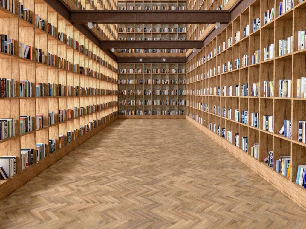 Many shelves of books at a library