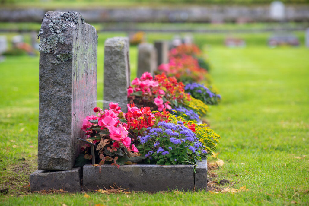 Gravestones with flowers