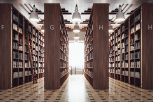 Interior of a large modern library with bookshelves