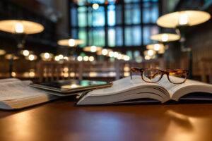 Books, glasses and tablet open on library table